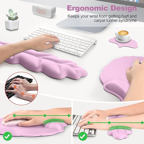 Keyboard Wrist Rest and Mouse Pad with Wrist Support Set, Ergonomic Leaf Shape Mouse Pad with Non-Slip Base, Pain Relief Memory Foam Mousepad for Computer,Laptop,Home Office, Pink - color: Pink