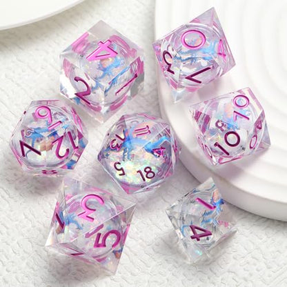 DNDND Blue Dragon Dice with Pink Numbers | Liquid Core 7-Piece Sharp Edge D&D Dice Set | Dragon Themed Collectible Metal Case | RPG Tabletop Gaming Gift - color: Liquid Dragon Ancient