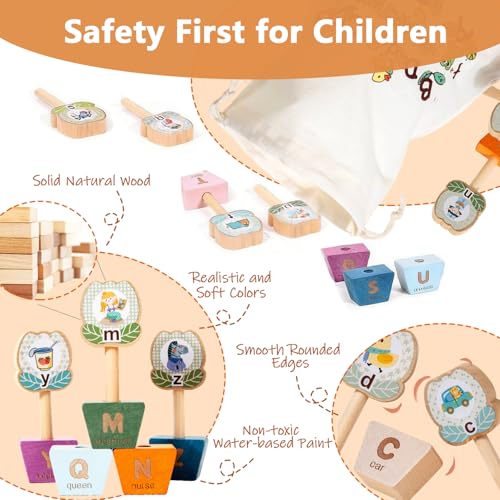 Matching Game,Wooden Alphabet Puzzles for Toddlers,ABC Letters Sorting Toy Montessori Preschool Learning Toy Gift for Kids 3+(with Storage Bag)