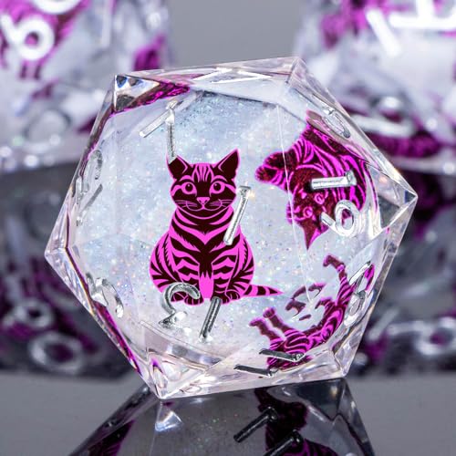 KERWELLSI Cat Liquid Core DND Dice Set with Gift Box, 7Pcs Resin Dungeons Sharp Edge D&D Dice, Dragons D and D Role Playing Dice D20 D12 D10 D8 D6 D4, White and Purple Cat - color: White and Purple Cat