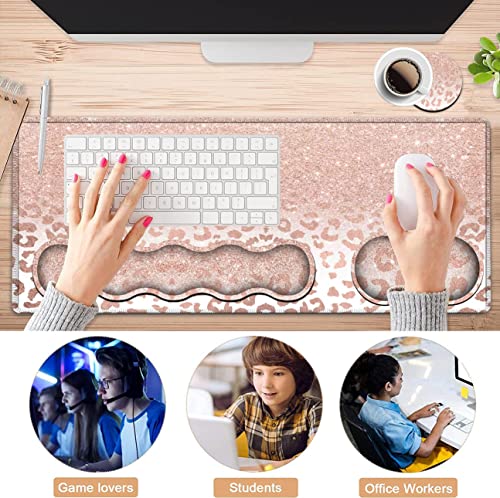 Large Mouse Pad and Gel Mouse Wrist Rest+ Memory Foam Keyboard Wrist Rest Support Set, Non-Slip Rubber Base for Office,Home,Computer, Extended Gaming Mousepads XXL Leopard Star Pattern Pink Desk Mat - color: JV-mouse pad-8-17