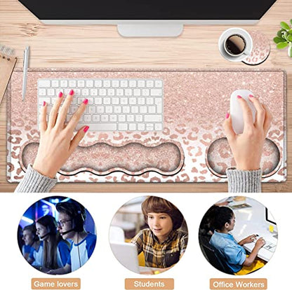 Large Mouse Pad and Gel Mouse Wrist Rest+ Memory Foam Keyboard Wrist Rest Support Set, Non-Slip Rubber Base for Office,Home,Computer, Extended Gaming Mousepads XXL Leopard Star Pattern Pink Desk Mat - color: JV-mouse pad-8-17