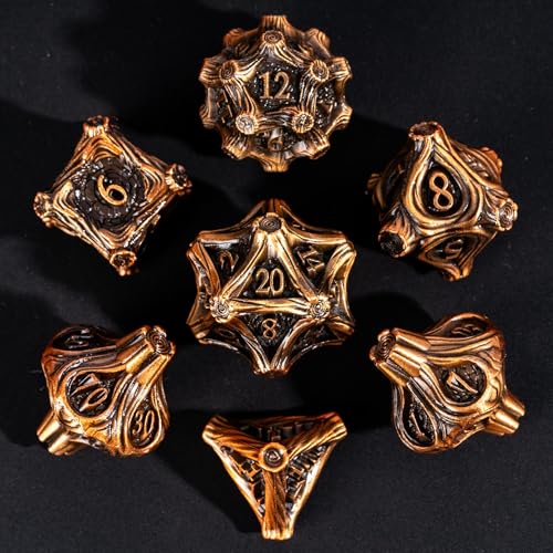 Metal Dice Set D&D 7PCS Metal DND Dice Set Golden for Tabletop Games | Leather Storage Bag, DM Gift, for Dungeons and Dragons Role Playing Games - color: Metal Tree-agolden