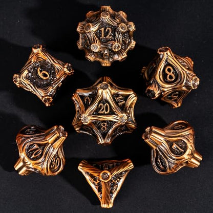Metal Dice Set D&D 7PCS Metal DND Dice Set Golden for Tabletop Games | Leather Storage Bag, DM Gift, for Dungeons and Dragons Role Playing Games - color: Metal Tree-agolden