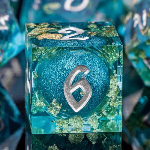 ARUOHHA Liquid Core DND Dice Set, 7pcs Resin Sharp Edged Dragons Dice RPG Role Playing Games, Silver Numbers Blue Dungeons Polyhedral Dice with Gift Box D20 D12 D10 D8 D6 D4 - color: Silver Blue