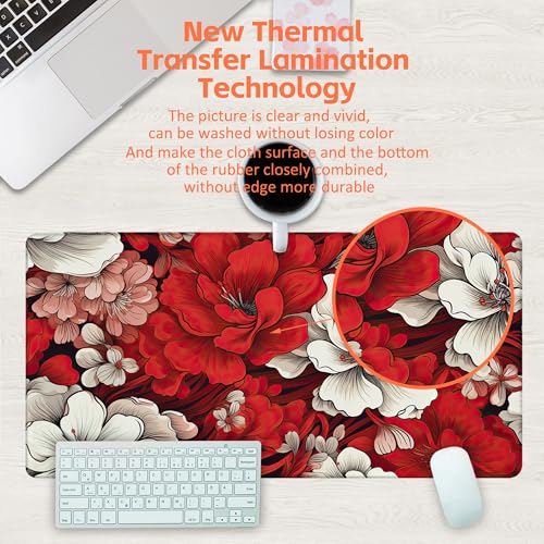 Desk Pad, Red and White Flowers Desk Mat, Retro Red Floral Large Gaming Mouse Pad, 31.5"x15.7" Extended Big Computer Keyboard Mouse Pad with Non-Slip Base and Stitched Edge - color: Red and White Flowers
