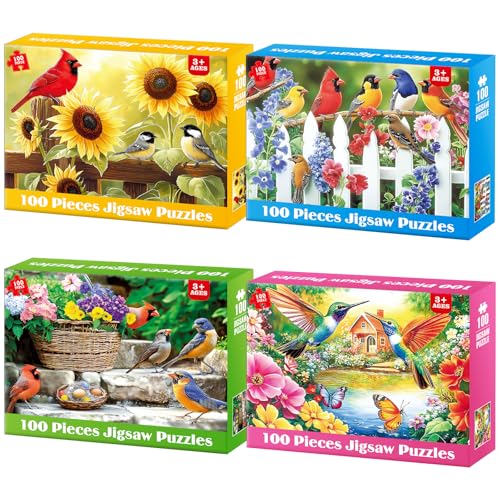 4-Pack 100 Piece Puzzles for Kids Ages 6-8 8-10 Year Old, Birds Puzzles, Large Piece Puzzle for Seniors 100 Pieces Adults Jigsaw Puzzle, Learning Educational Toys for Boys and Girls - style: Cardinals Birds Hummingbirds