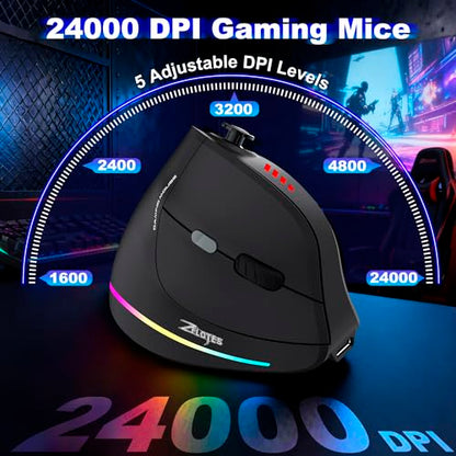TRELC Wireless Gaming Mouse with 5 D Rocker, 24000 DPI/11 Programmable Buttons, Vertical Ergonomic Mouse for 2 Devices Connection (BT+2.4GHz), Rechargeable Mice for PC/Laptop/E-Sports/Gamer - color: Black