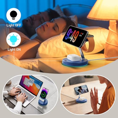 【Adjustable Blue Ambient Light】 Wireless Charger 3 in 1 for iPhone, Magnetic Charging Station for Apple Family,15W Fast MagSafe Charger Stand,for iPhone17-12-iWatch AirPods Series - color: Blue