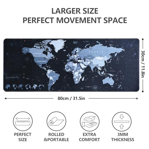 Gaming Mouse Pad XL XXL With World Map (31.5 x 11.8in) - Desk Mat, Large Keyboard Mat 3MM Anti Slip and Waterproof Rubber (Black) - color: World Map
