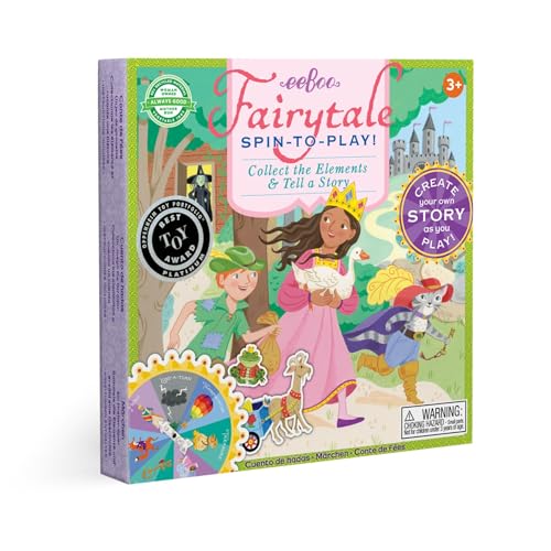 eeBoo Fairytale Spinner Game, Story Building Game, Ages 5+, 2-4 Players | Introduces storytelling & creative thinking. Includes spinner & thematic pieces to create your own story. 15 minute game play - style: Fairytale