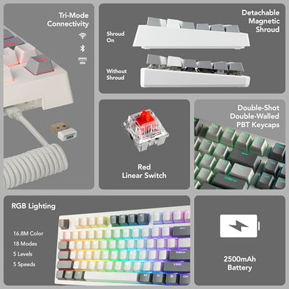 TECWARE Phantom+ Elite 87 Key RGB Mechanical Gaming Keyboard | 3 Mode Wireless Bluetooth 5.0 2.4GHz & USB C Wired | Hot Swappable 5 Pin | Double Shot PBT Keycaps | Wraith Red Switch - White - color: Red Switch, size: Phantom+ Elite 87 | White