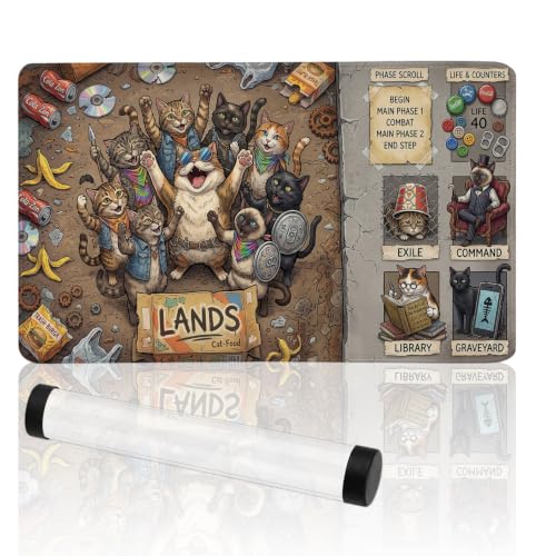 Vintage Cardboard Style MTG Playmat with Zones | 2mm Thick Non-Slip MTG Mat with Stitched Edges | for Trading Card Games, Includes Storage Tube (Whimsical Cat) - color: Whimsical Cat