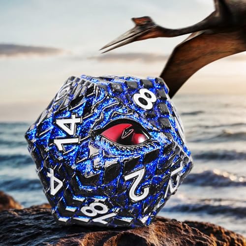 1 die Metal D20 DND Dice - Dragon Scale Metallic 20 Sided Giant Polyhedral Dice,35mm Large Dragon Eye Metal D&D Dice for Dungeons and Dragon Tabletop Game(Blue Glitter Dragon Scale) - color: Blue Glitter Dragon Scale