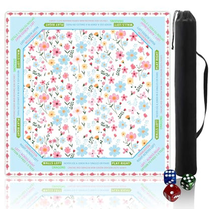 Mahjong mat for Table/31.5lnch/American Mahjong Table Cloth with Rules mats with Drawstring Bag,Noise ReductionAnti-Slip Game mat for Table,for Mahiona/PokerBoard Games/Card Games (Little Flower) - color: White Flowers