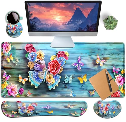 Large Gaming Mouse Pad+ Keyboard Wrist Rest Set, Ergonomics Memory Foam Mouse Mat Wrist Rest Support for Home Office, Waterproof Extended Mousepad 31.5x11.8in, Woodblock Flower Butterfly Desk Pad - color: Yvb-mousepad-9-f-151