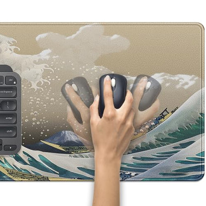 Japanese Wave Large Gaming Mouse Pad Desk Pad, 27.5x11.8in The Great Wave Off Kanagawa Extended Desk Mat with Stitched Edges, Non-Slip Waterproof Rubber Base for Office, Computer & Laptop - color: Waves