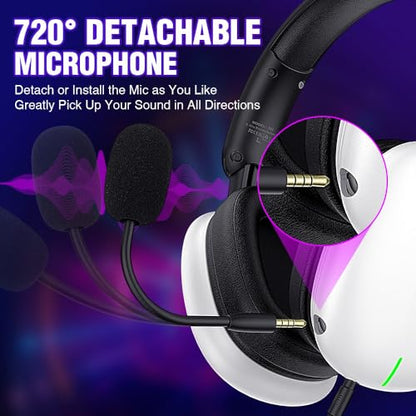 WolfLawS TA82 Wireless Gaming Headset with Detachable Noise Canceling Microphone for PS5 PS4 PC, 2.4GHz USB Gamer Headphones with 7.1 Surround Sound, Memory Foam Ear Pads - White