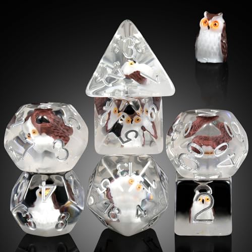 Owl DND Dice, DNDND 7PCS Resin D&D Dice with Velvet Bag for Dungeons and Dragons Role Playing Games and Tabletop Games（Owl - color: Owl