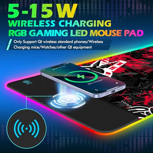 ToLuLu RGB Gaming 5/7.5/10/15W 10 Light Modes Wireless Charging Mouse Pad, LED Mouse Pad Computer Keyboard Mat Mousepad, 800x300x4MM Extended Large Desk Mat for Gaming, MacBook, Laptop, PC,Red Black - color: Red Black