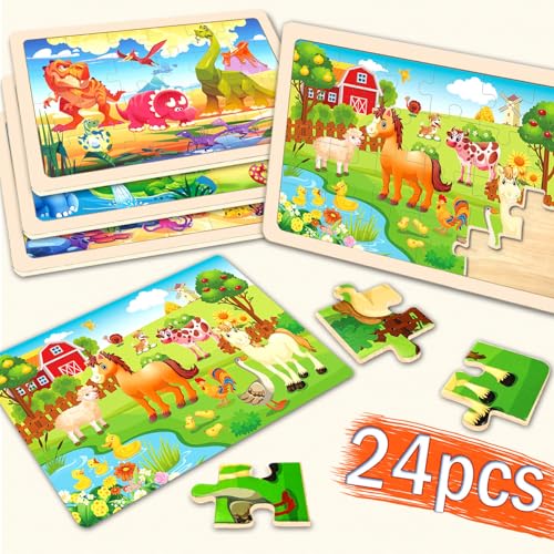 Wooden Puzzles for Kids Ages 4-6, 24 Pieces Dinosaur, Undersea, Wildlife, Farm Jigsaw Puzzles for Kids Ages 3-5. 4 Pack Toddler Puzzles Toys for Boys and Girls Ages 3,4,5,6 Year Old - color: Dinosaur+sea+animal+farm