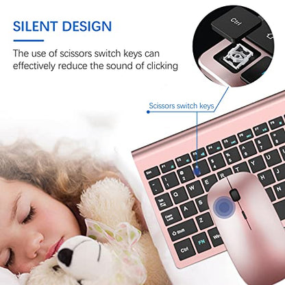 Wireless Keyboard and Mouse Ultra Slim Combo, TopMate 2.4G Silent Compact USB 2400DPI Mouse and Scissor Switch Keyboard Set with Cover, Batteries Included, for PC/Laptop/Windows/Mac - Rose Gold Black - color: Rose Gold Black