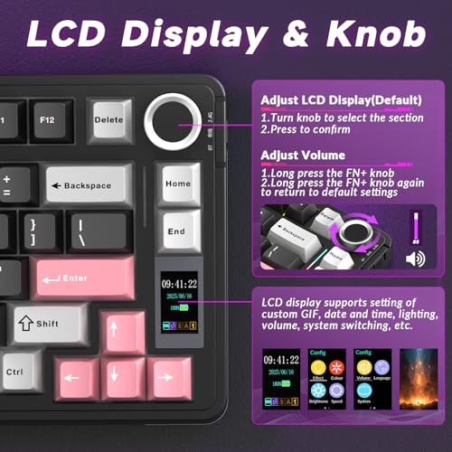 AULA S75 PRO Wireless Mechanical Keyboard with Screen&Knob, 75% Hot Swappable Gaming Keyboard with Pre-lubed Switches, RGB Backlit, PBT Keycaps Creamy Sounding Pc Gaming Keyboards - color: Black&Gray&Pink