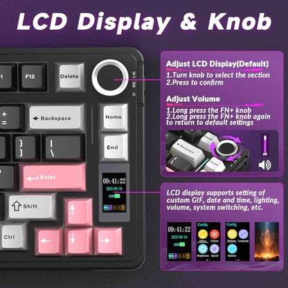 AULA S75 PRO Wireless Mechanical Keyboard with Screen&Knob, 75% Hot Swappable Gaming Keyboard with Pre-lubed Switches, RGB Backlit, PBT Keycaps Creamy Sounding Pc Gaming Keyboards - color: Black&Gray&Pink