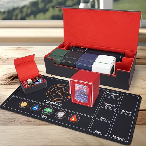 AFIING MTG Deck Box 6 In1 with MTG Playma,Premium Card Storage Box with 5 Pcs MTG Deck Box Holds 2400+ Trading Cards, Large TCG Card Deck Case for Magic Yugioh Sports Cards (Black&Red) - color: Set Black Red
