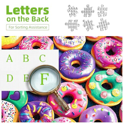 Colorful Donuts 500 Piece Jigsaw Puzzle for Adults, Vibrant Dessert Theme Puzzle with Poster & Letter on Back, Family Activity Entertainment, Challenging Gifts for Baking and Dessert Enthusiasts - color: Donuts