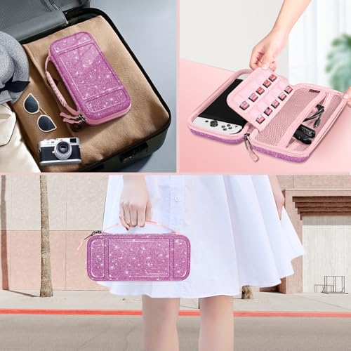 FINTIE Carrying Case for Nintendo Switch / Switch OLED Model (2021) | Shockproof, Hard Shell Protective Cover, Portable Travel Storage Bag, 10 Game Card Slots & Inner Pocket - color: Sparkly Purple