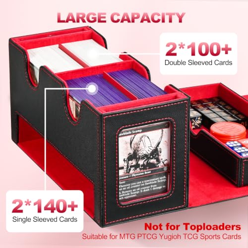 UAONO 3-in-1 MTG Commander Deck Box, Black Red | 2 Magnetic Card Holders & 1 Dice Tray, Fits 200 Double Sleeved, Card Organizer Compatible with Magic the Gathering - color: Black&Red