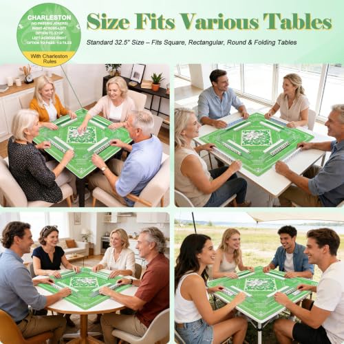 Shipped Rolled Mahjong Mat with Rules Without Creases, 3mm, 32.5" x 32.5" | Anti-Slip Rubber Base, Travel-ready with Carry Bag, Soft & Water-Repellent Surface, Noise-Reduce, for Poker & Card game - color: Green