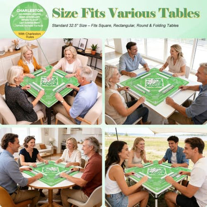 Shipped Rolled Mahjong Mat with Rules Without Creases, 3mm, 32.5" x 32.5" | Anti-Slip Rubber Base, Travel-ready with Carry Bag, Soft & Water-Repellent Surface, Noise-Reduce, for Poker & Card game - color: Green