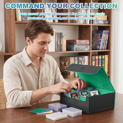 Trading Card Storage Box, Holds 1800 Sleeved Card, PU Magnetic Closure | 200 Toploaders and 600 Penny Sleeves INCLUDED, 10 Dividers and 6 Foam Stoppers INCLUDED, Fit for MTG, TCG and Sports Cards - color: Black and Green