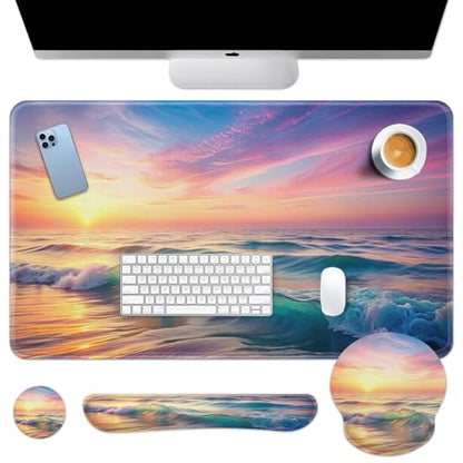 Britimes Sunset Beach Keyboard Mouse Pad Set 4in1 Large Mousepad+Keyboard Wrist Rest+Mouse Wrist Rest+Coaster Set with Ergonomic Design for Home Office Computer 35.4x15.7 inches - color: Sunset Beach