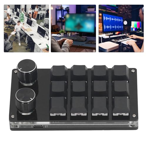 Macro Mechanical Gaming Keypad with 12 Programmable Keys and Dual Knobs for Linux macOS – Compact Wired Red Switch Controller for Gamers Creators and Engineers