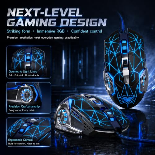 【 Starlight Effect - 59 inch Cable 】2026 Wired Gaming USB Optical Mouse - Four Level Adjustable DPI Optical Sensor - Ergonomic Design - Precise Control - Built in Scroll Wheel Function - Plug and Play - color: Black, size: Upgraded Mouse