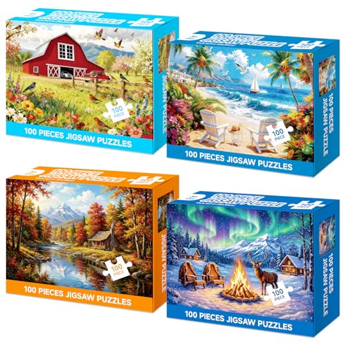 4-Pack 100 Piece Puzzle, Four Seasons Scenery 100 Piece Puzzles for Adults Seniors, Nature Landscape Large Piece Jigsaw Puzzles for Seniors Adults Educational Jigsaw Puzzles 100 Pieces (15x10 in)