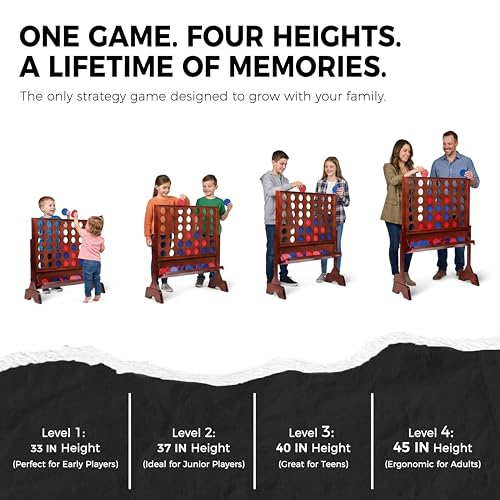 Height Adjustable Giant Wooden 4 in A Row Game | Adjust Heights (2.75-3.75 FT), Foldable Tray, Wall Mounted or Set-up on Ground, Carrying Case - style: Premium (Adjustable 33"-45")