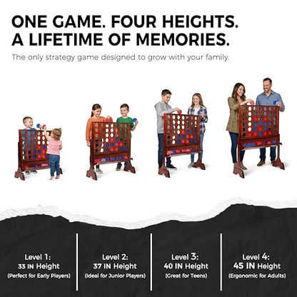 Height Adjustable Giant Wooden 4 in A Row Game | Adjust Heights (2.75-3.75 FT), Foldable Tray, Wall Mounted or Set-up on Ground, Carrying Case - style: Premium (Adjustable 33"-45")