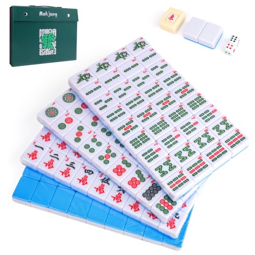 Pycoal Traditional Chinese Mahjong Tile Set, 1.4'' Melamine Mahjong Tiles Premium 146PCS Mahjong Set with Portable Carrying Case, Instruction Manual, Dice Set, Mah jongg Game Set for Family, Gathering - color: Blue