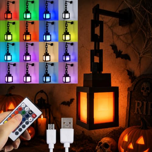 Pixelated Lantern Night Light - USB 16 Colors Rechargeable Lantern Lamps | LED Hanging Night Lamp Remote - Wall or Tabletop Lights for Halloween Decor, Bedroom, Game Room Decor, Gifts for Boys