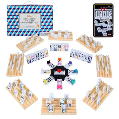 Mexican Train Dominoes Set with 8 Wooden Holders | Double 12 Dominoes with 91 Color-Coded Tiles & Hub | Domino Tile Board Games for 2-8 Players | Family Board Game for Adults & Kids (D12 + 8 Holders) - color: Double 12 Mexican Train Dominoes Set