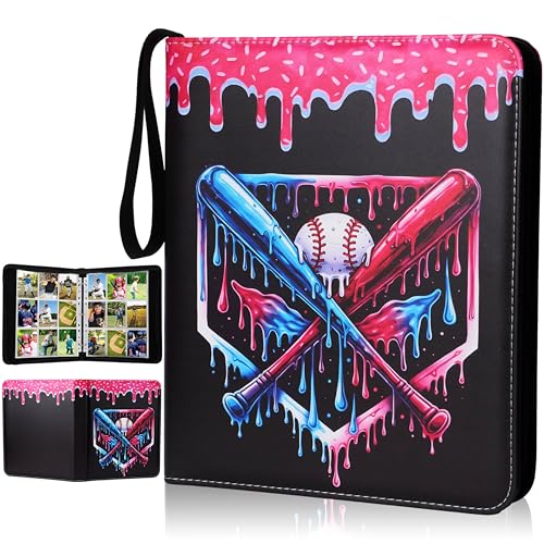 Pasimy 900 Pockets Ice Cream Drip Baseball Card Binder for Trading Cards 9 Pockets with 50 Removable Sleeves 3 Ring Baseball Card Holder Binder with Zipper for Sport Collection Book Storage Album - color: Black Pink, size: 13.39 x 11.42 Inch, style: Ice C