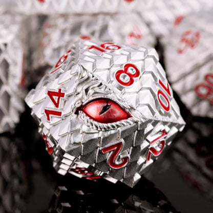 Metal Dice Set D&D,7 PCS Dragon Scale Metallic DND Dice Set,Dragon Eye Metal Dice with Gift Metal Box for Dungeons and Dragon Tabletop Game (White Dragon Scale & Red Eye) - color: White Dragon Scale & Red Eye