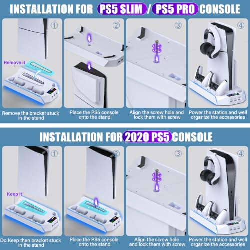 Slim Cooling Station Stand LED with Dual Controller Charging Station for PlayStation 5 Console, PS 5 Accessories Incl. Controller Charger, Cooling Fan, Headset Holder, 3 USB Hub- LED White - color: RGB WHITE