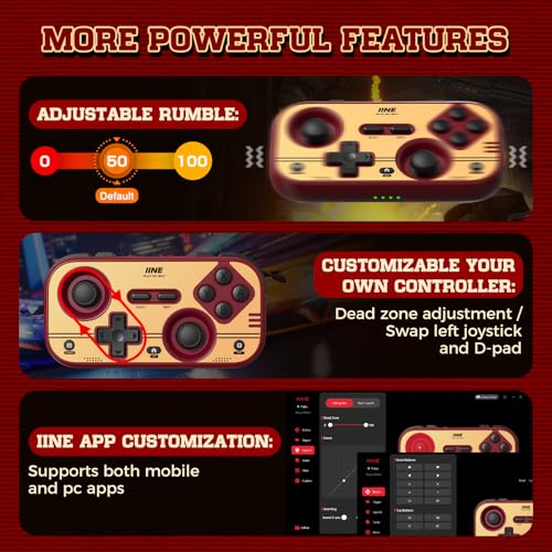 IINE Retro Pocket Game Controller, Wireless Gamepad for Switch/Steam Deck/PC/iOS/Android | Mini Portable Controller with Hall Joystick, 1000Hz Response Rate, Customizable Buttons, 600mAh Battery - color: retro red