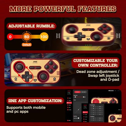 IINE Retro Pocket Game Controller, Wireless Gamepad for Switch/Steam Deck/PC/iOS/Android | Mini Portable Controller with Hall Joystick, 1000Hz Response Rate, Customizable Buttons, 600mAh Battery - color: retro red
