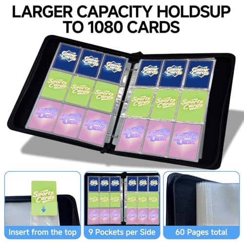 9 Pocket Trading Card Binder, Holds 1080 Cards with 60 Removable Double-Sided Sleeves, Premium Zipper Top Loader Card Collection Album, PU Card Folder Holder for MTG, TCG, Baseball, Sports Cards - color: Purple